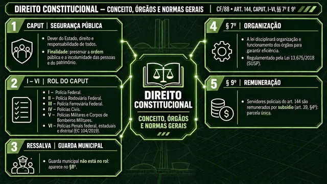 Mapa mental de Direito Constitucional sobre segurança pública, art. 144