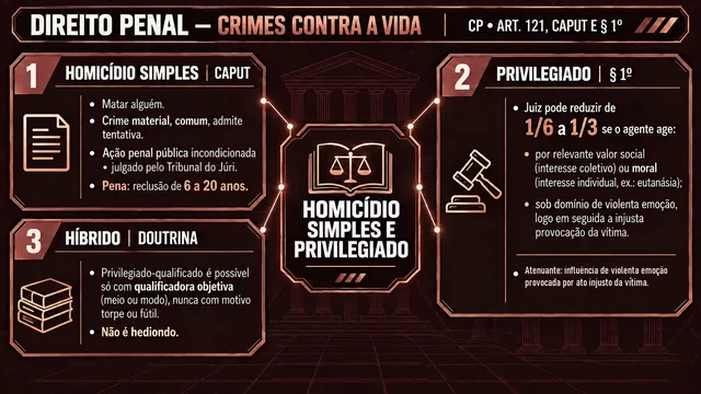 Mapa mental de Direito Penal sobre homicídio simples e privilegiado