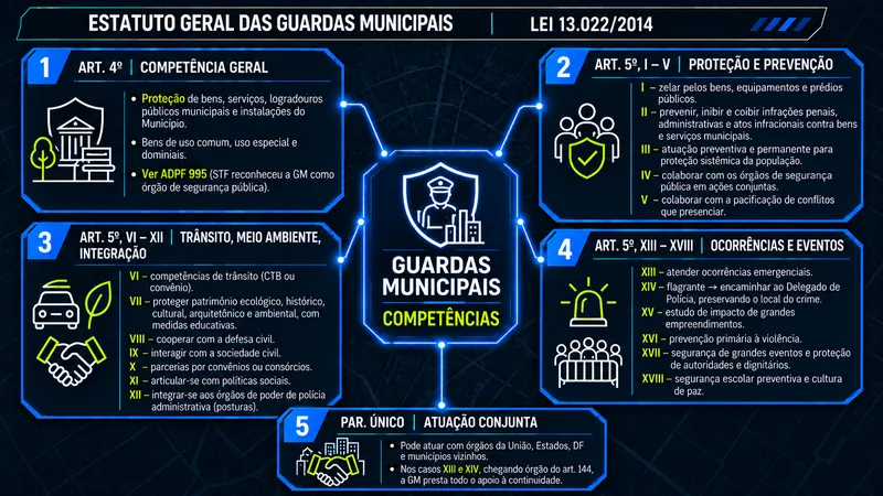 Mapa mental das competências das guardas municipais, arts. 4º e 5º da Lei 13.022/2014